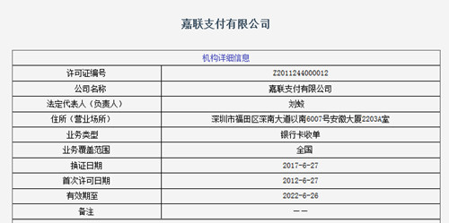 中央人民银行针对嘉联支付支付牌照政务公开信息